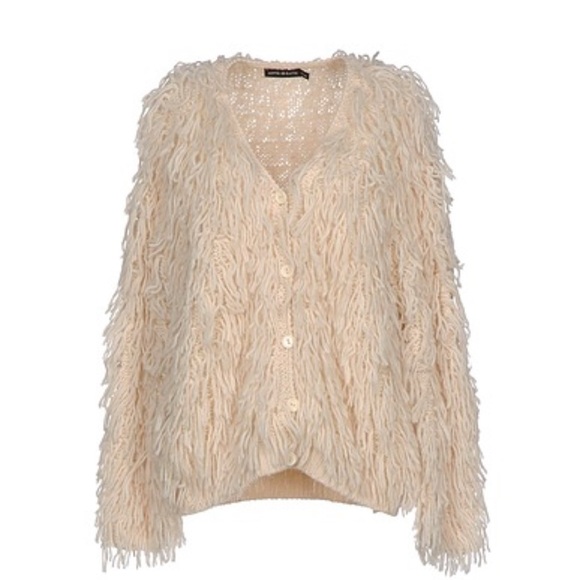 Antik Batik light beige Shaggy Fringe Knit Cardigan w/ buttons size L statement - Picture 1 of 8